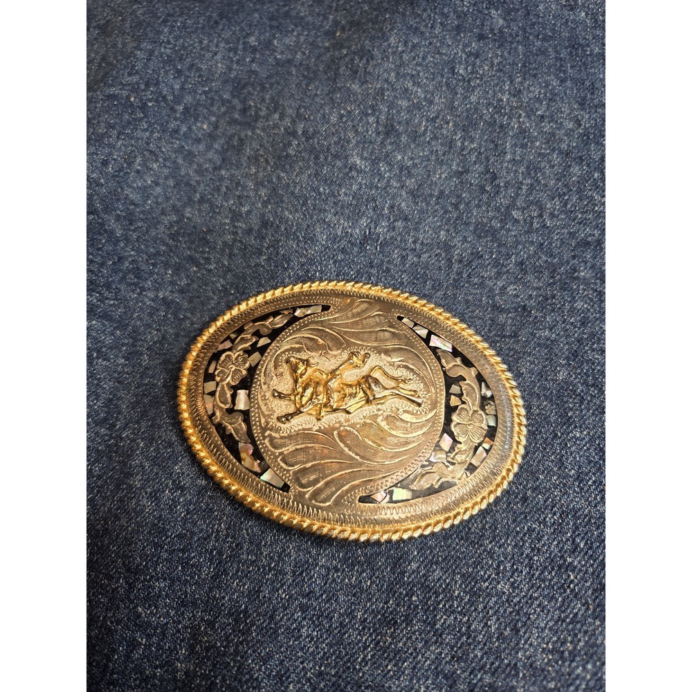 Handmade Vintage Bull Riding Abalone Shell Western Belt Buckle Southwest
